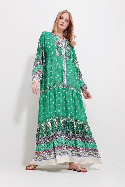 Trend Alaçatı Stili Grünes Maxikleid mit Schalkragen und Muster für Damen ALC-X11593