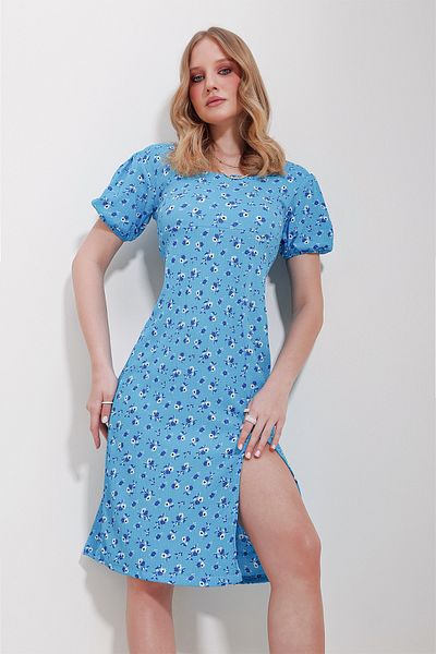 Trend Alaçatı Stili Women's Blue Square Collar Back Lace-up Slit Patterned Dress ALC-X11590