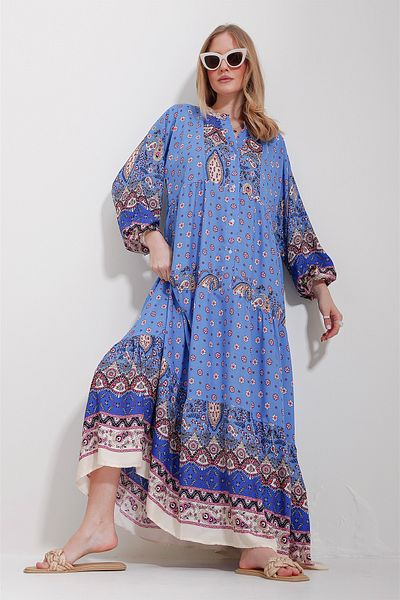 Trend Alaçatı Stili Women's Blue Judge Collar Shawl Patterned Maxi Length Dress ALC-X11593