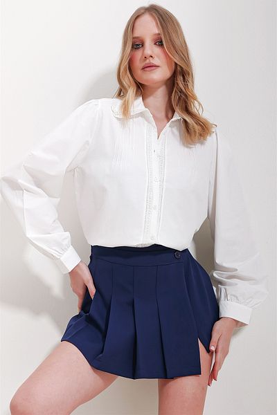 Trend Alaçatı Stili Weißes Damen-Oberteil mit Prinzessinnenärmeln, geripptem Muschelkragen und gewebter Bluse ALC-X11573