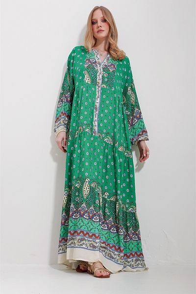 Trend Alaçatı Stili Grünes Maxikleid mit Schalkragen und Muster für Damen ALC-X11593