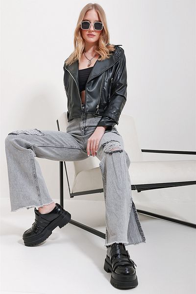Trend Alaçatı Stili Women's Gray High Waist Side Slit Distressed Jeans Trousers ALC-X11564