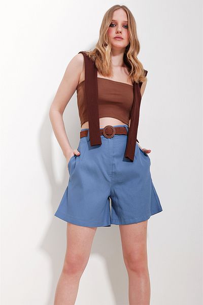 Trend Alaçatı Stili Women's Blue Straw Knit Belted Gabardine Shorts ALC-X10271