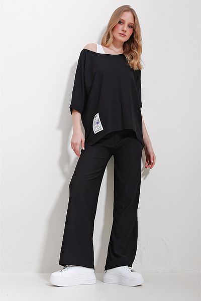 Trend Alaçatı Stili Women's Black Boat Neck Blouse and Palazzo Pants 3-Piece Set ALC-X11605