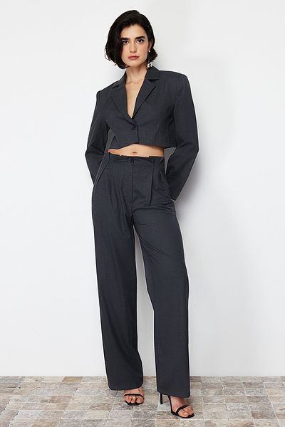 Trendyol Collection Anthracite Premium Wide Leg Slim Striped Polyviscose Woven Trousers TWOSS24PL00064