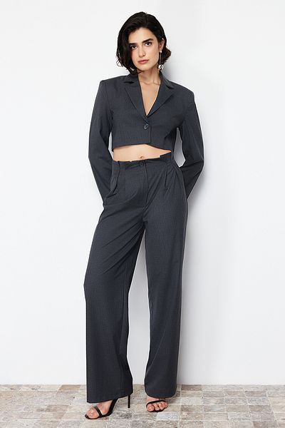 Trendyol Collection Anthracite Premium Wide Leg Slim Striped Polyviscose Woven Trousers TWOSS24PL00064