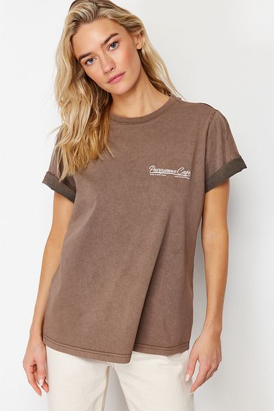 Trendyol Collection Καφέ Faded Effect Printed Basic Knitted T-shirt TWOSS24TS00038
