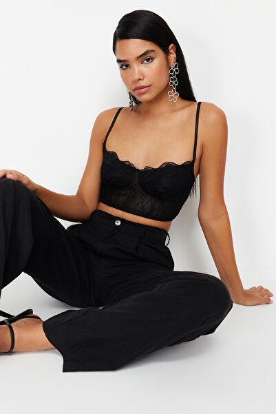 Trendyol Collection Knitted Black Crop Bustier - Detailní korzet, TPRSS24BS00007
