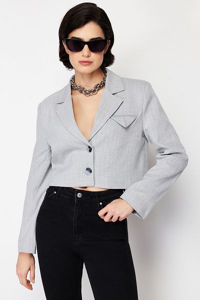 Trendyol Collection Szürke Polyviscon Striped Crop prémium szőtt blézer dzseki TWOSS24BC00025