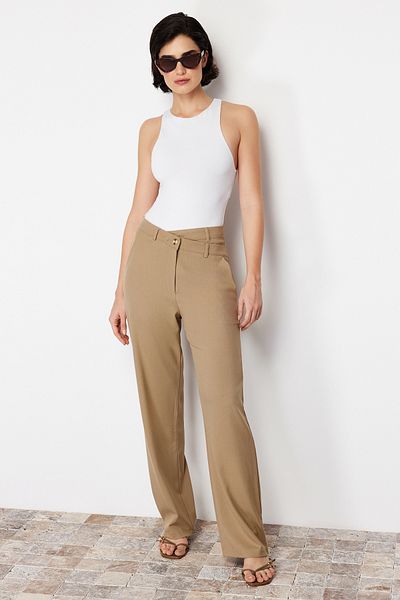 Trendyol Collection Beige Premium Straight Cut Asymmetrical Waist Detailed Woven Trousers TWOSS24PL00067