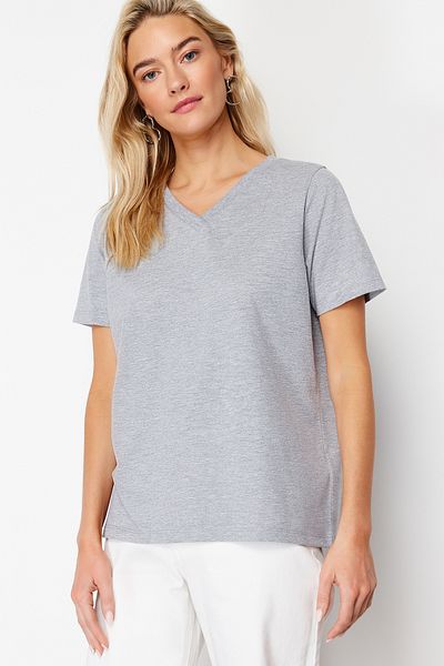 Trendyol Collection Šedé tričko Melange Bavlna s výstřihem do V TOPS TWOSS23TS00001