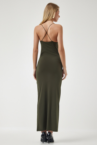 Happiness İstanbul Női khaki kereszt kötélpántos hasított homokos ruha DZ00113