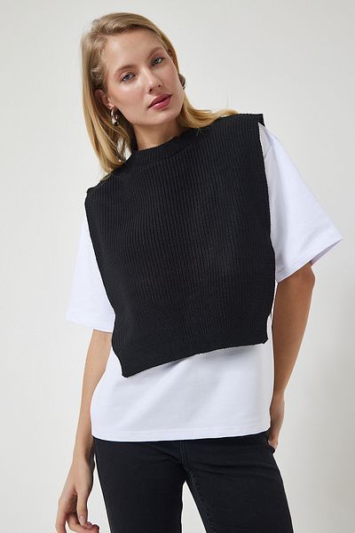 Happiness İstanbul Woman's Black Suede Knitted T-Shirt DP00201