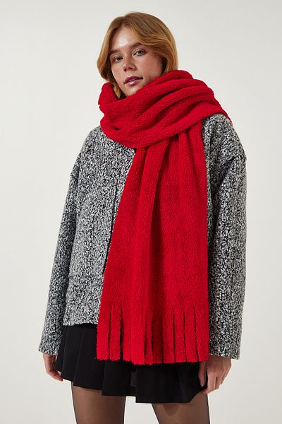 Happiness İstanbul Roter Fleeceschal mit Quaste für Damen, PD00084