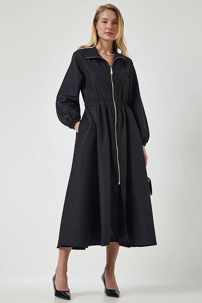 Happiness İstanbul Women's Black Zippered Seasonal Woven Dress Trench Coat DD01298