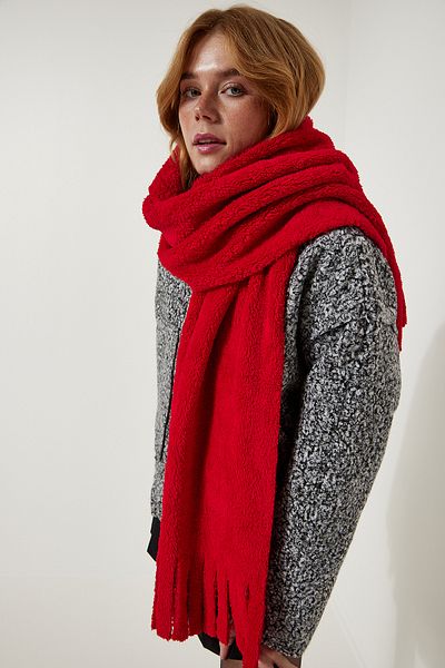 Happiness İstanbul Roter Fleeceschal mit Quaste für Damen, PD00084