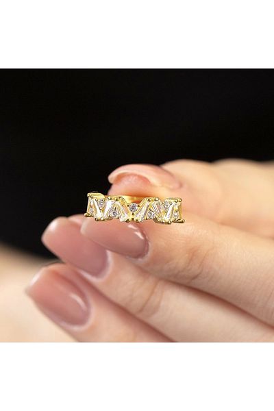 Happymodds White Zircon Stone Asymmetric Design Gold Color Free Size 925 Sterling Silver Women's Ring