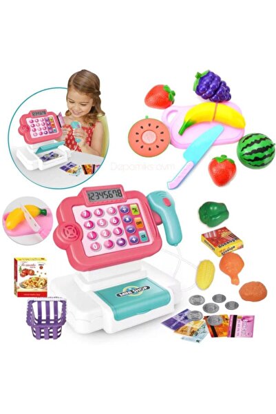Mini Market Basket Cuttable Fruit and Vegetable Set with Toy Cash Register Voice Barcode Reader