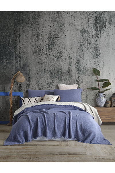 destinyhometex Indigo Mavi Tek Kişilik 180x240cm Yatak Örtüsü/1 Adet 50x70cm Yastık 4 Katlı Multi Muslin %100 Pamuk