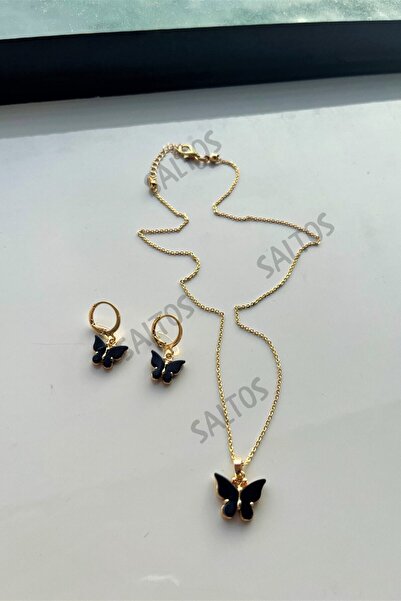 Saltos Siyah Kelebekli Gold Kolye Küpe Doğum Günü Hediyesi Sevgiliye Kelebek ...