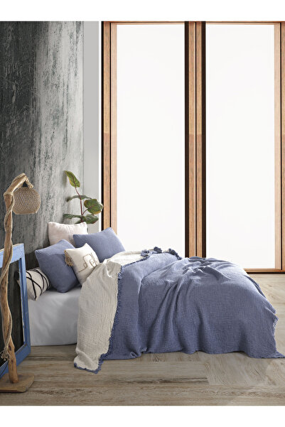 destinyhometex Indigo Mavi Tek Kişilik 180x240cm Yatak Örtüsü/1 Adet 50x70cm Yastık 4 Katlı Multi Muslin %100 Pamuk