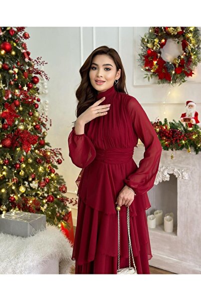 LİBAS Rochie roșie din șifon midi pentru femei - Design complet