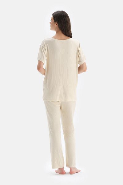 Dagi Ecrufarbenes kurzärmliges T-Shirt-Pyjama-Oberteil aus Viskose