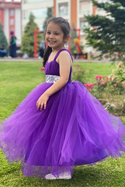 Asortik Kids Cocuk Mor Abiye Gece Elbisesi Düğün Kıyafeti 3-12 Yaş