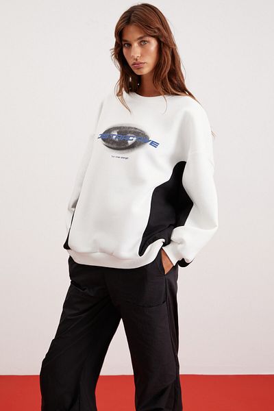 GRIMELANGE Lakısha Women's Crew Neck Oversize Fit Inside Fleece Printed White Sweatshirt