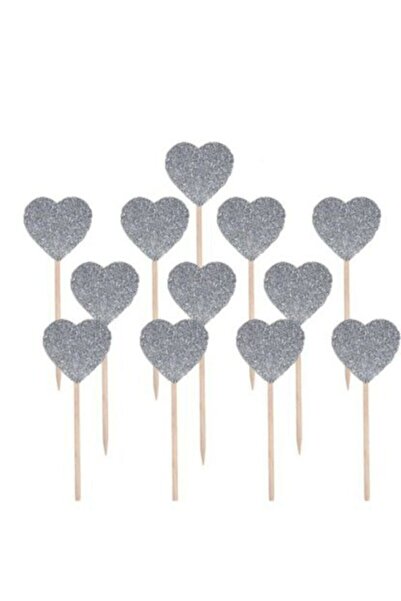 parti sürprizi أعواد أسنان إيفا على شكل قلب فضي لامع 12 قطعة