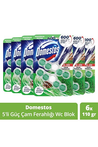 Domestos Wc Blok 5'li Güç Çam Ferahlığı 600 Sifona Kadar Güçlü Temizlik 110 g...