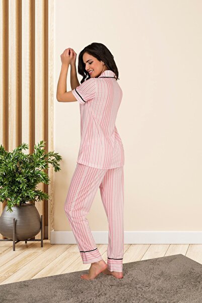 MyBen Women's Patterned Pink Colored Buttoned Short Sleeve Pajama Set 10089