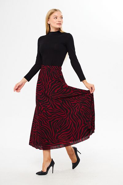 comstar Red Zebra Pattern Long Half Lining Pleated Skirt, Floral Patterned Summer Skirt, Crepe Skirt