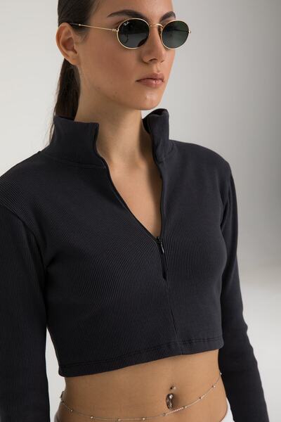 SHEISMONO Fermuar Detaylı Fitilli Crop Top Füme