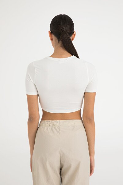 SHEISMONO Cotton Round Neck Short Sleeve Crop Top Ecru