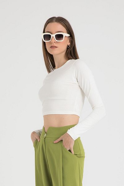SHEISMONO Cotton Round Neck Short Blouse Ecru