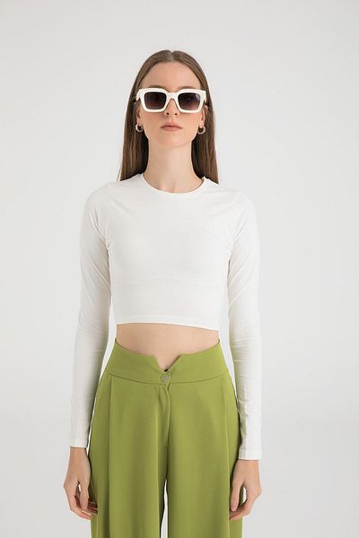 SHEISMONO Cotton Round Neck Short Blouse Ecru