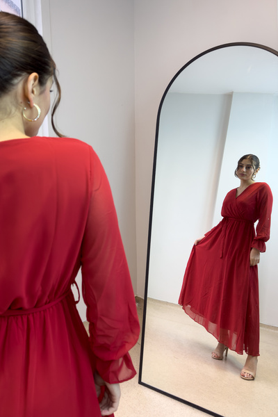 Elbise Delisi Kırmızı Kruvaze Yaka Büyük Beden Şifon Elbise