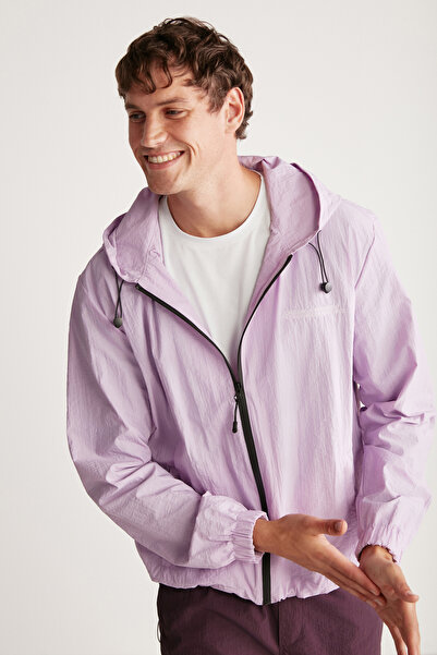 GRIMELANGE Anderson Men's Parachute Fabric, Water-Repellent Lined Lilac Raincoat with Pockets and Front Zipper