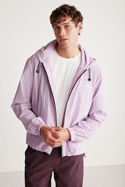 GRIMELANGE Anderson Men's Parachute Fabric, Water-Repellent Lined Lilac Raincoat with Pockets and Front Zipper