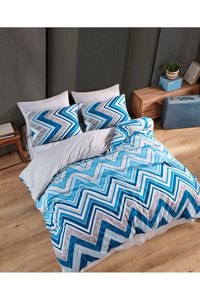 Sey Design Set de lenjerie de pat dublă cu model geometric albastru în zig-zag Cearșaf de pat Culoare uni gri