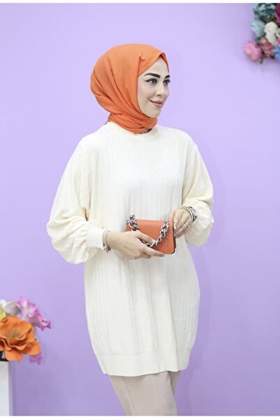 Aden aydın Soğuk İnce Merserize Uzun Tesettür Tunik Ekru Renk