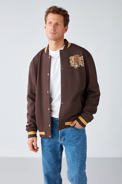GRIMELANGE Darıo Men's Oversize Bomber Embroidered Snap Fasten Bomber Brown Sweatshirt