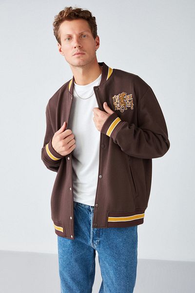 GRIMELANGE Darıo Men's Oversize Bomber Embroidered Snap Fasten Bomber Brown Sweatshirt