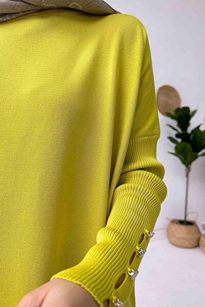 Ka Hijab Kol Detay Merserize Tesettür Tunik - Yağ Yeşili