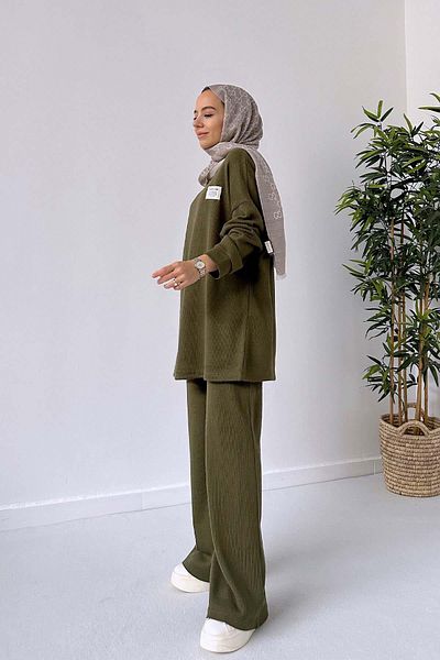 Ka Hijab Wide Leg Knitwear Hijab Set - Khaki