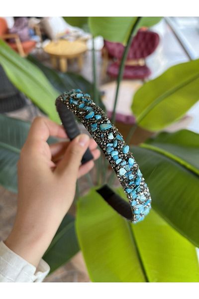 Hayals Turquoise Colored Natural Stone Crystal Crown Hair Band