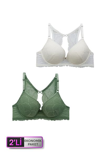 Pierre Cardin Economic Pack of 2 Ecru Green 6808 Rome Σετ σουτιέν με δαντέλα με λεπτομέρεια στην πλάτη