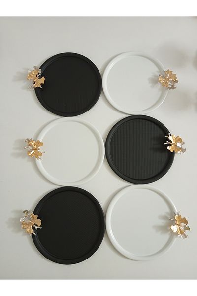AZRAM HOUSE 3 black, 3 white decorative round dots with butterfly accessories presentation tray