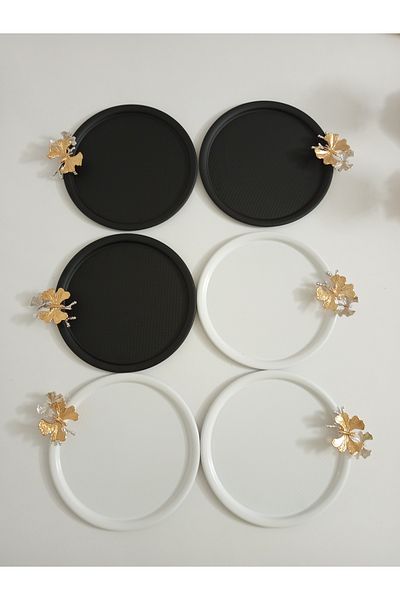 AZRAM HOUSE 3 black, 3 white decorative round dots with butterfly accessories presentation tray